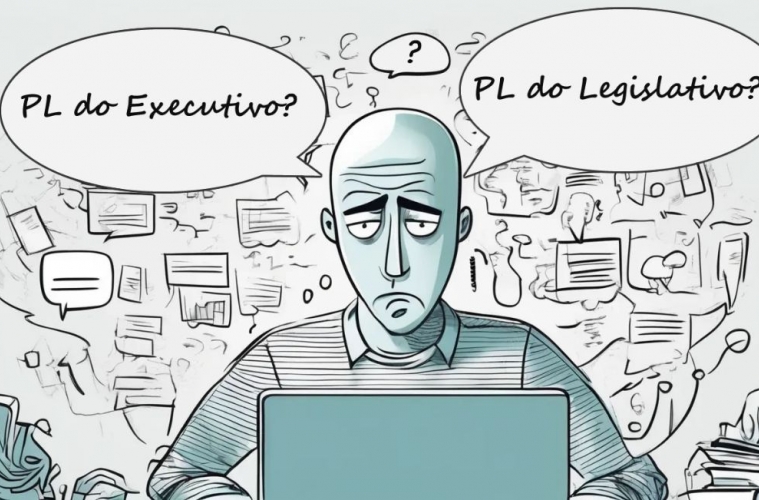 Imagem em formato de desenho representando um homem olhando para o computador, confuso com a numeração dos projetos de lei